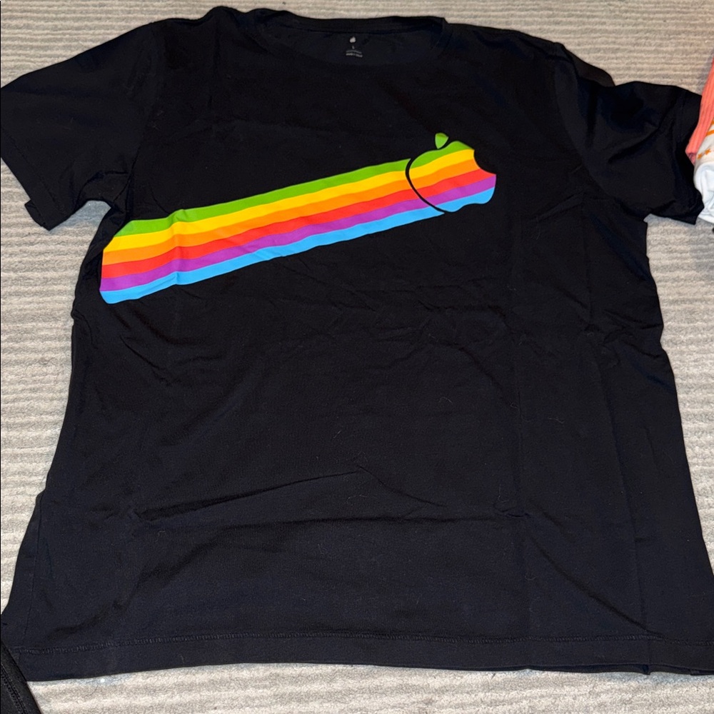 Black T-Shirt with Rainbow Apple Logo, size L